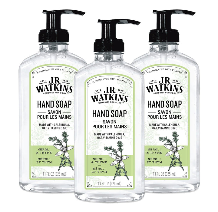 J.R. Watkins front packaging view showing three bottles and benefit of gentle cleansing