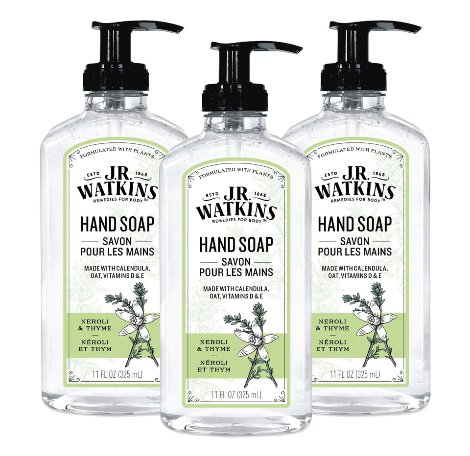 J.R. Watkins front packaging view showing three bottles and benefit of gentle cleansing