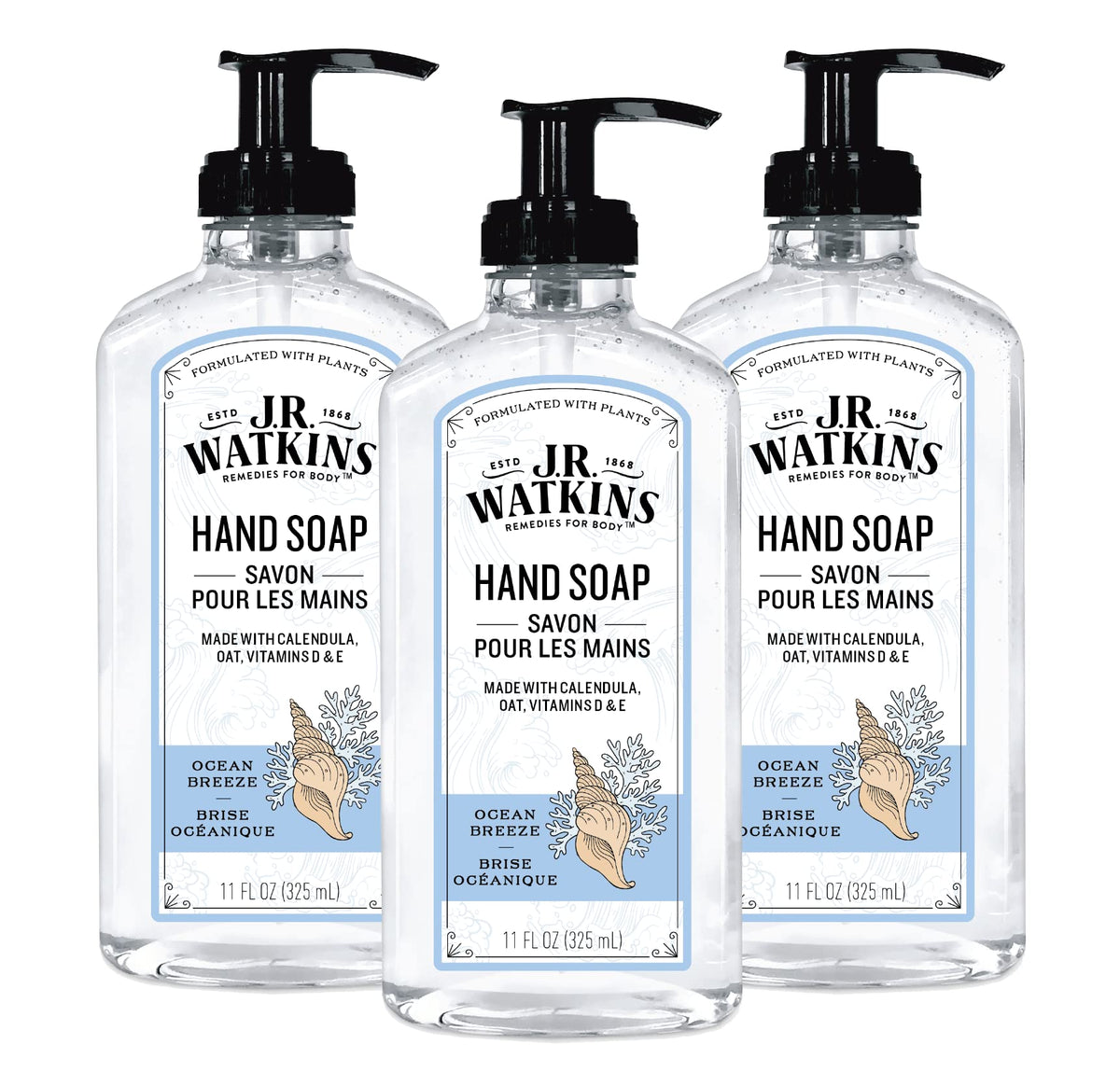 J.R. Watkins front packaging showing Ocean Breeze scent and benefits