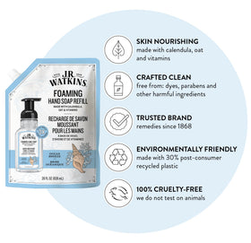 J.R. Watkins pouring refill into foaming bottle for easy reuse