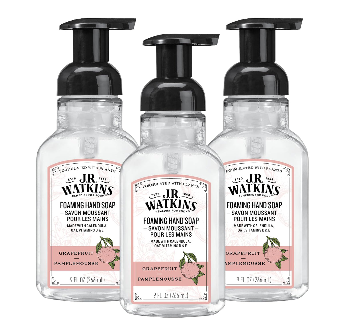 J.R. Watkins front packaging showing three pamplemousse pump bottles, convenient supply