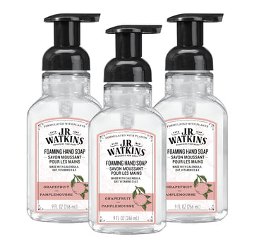 J.R. Watkins front packaging showing three pamplemousse pump bottles, convenient supply