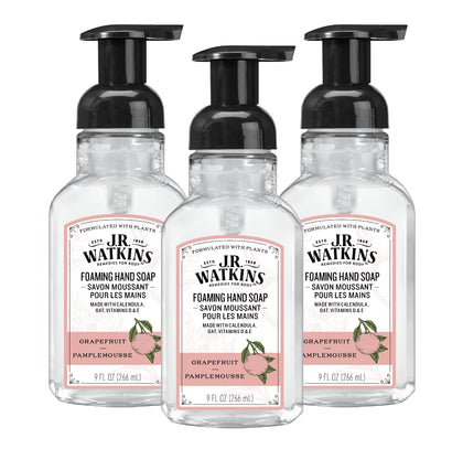 J.R. Watkins front packaging showing three pamplemousse pump bottles, convenient supply