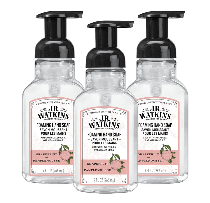 J.R. Watkins front packaging showing three pamplemousse pump bottles, convenient supply