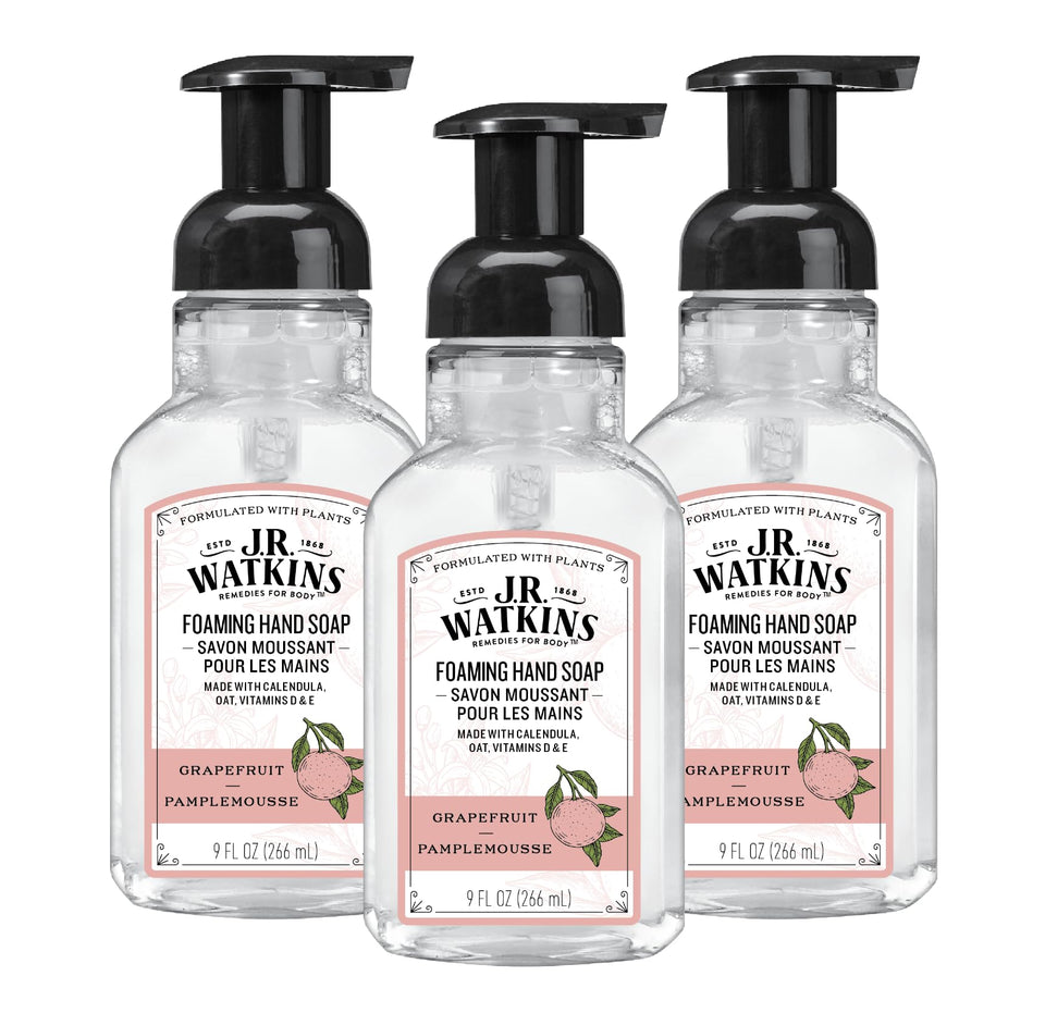 J.R. Watkins front packaging showing three pamplemousse pump bottles, convenient supply