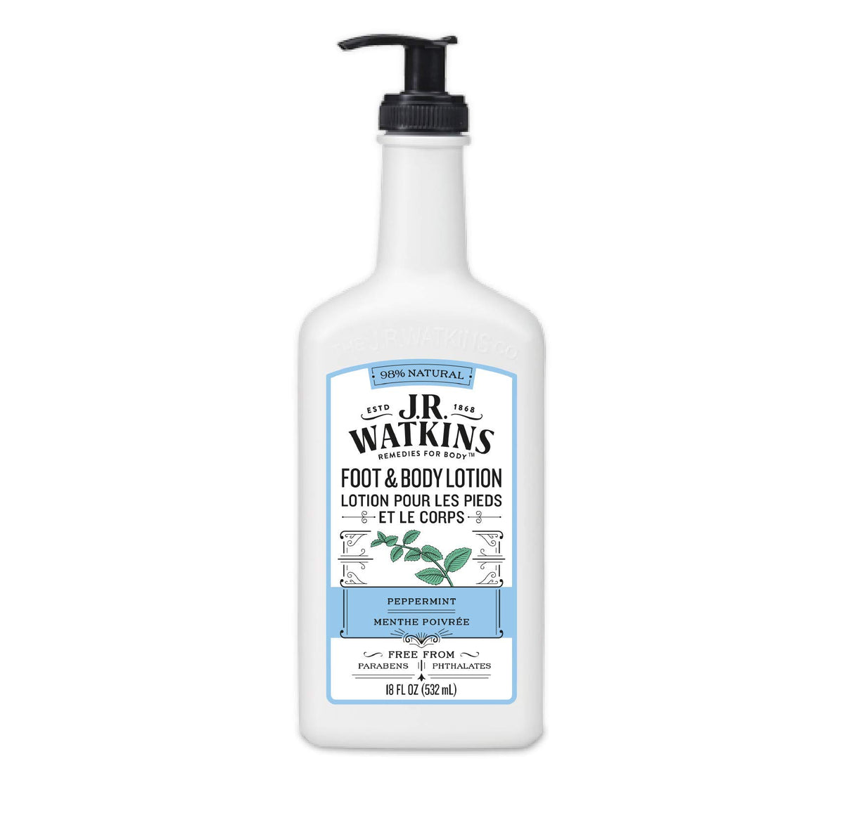J.R. Watkins front label showing peppermint lotion and natural benefits