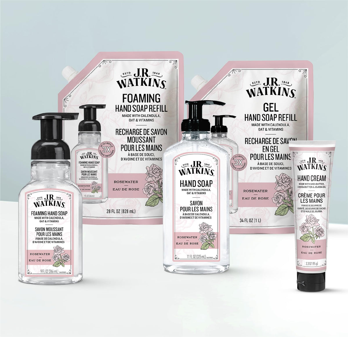J.R. Watkins pouch shown in hand to illustrate 34 fl oz volume and easy handling