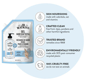 J.R. Watkins refill being poured into a pump bottle for easy refill convenience