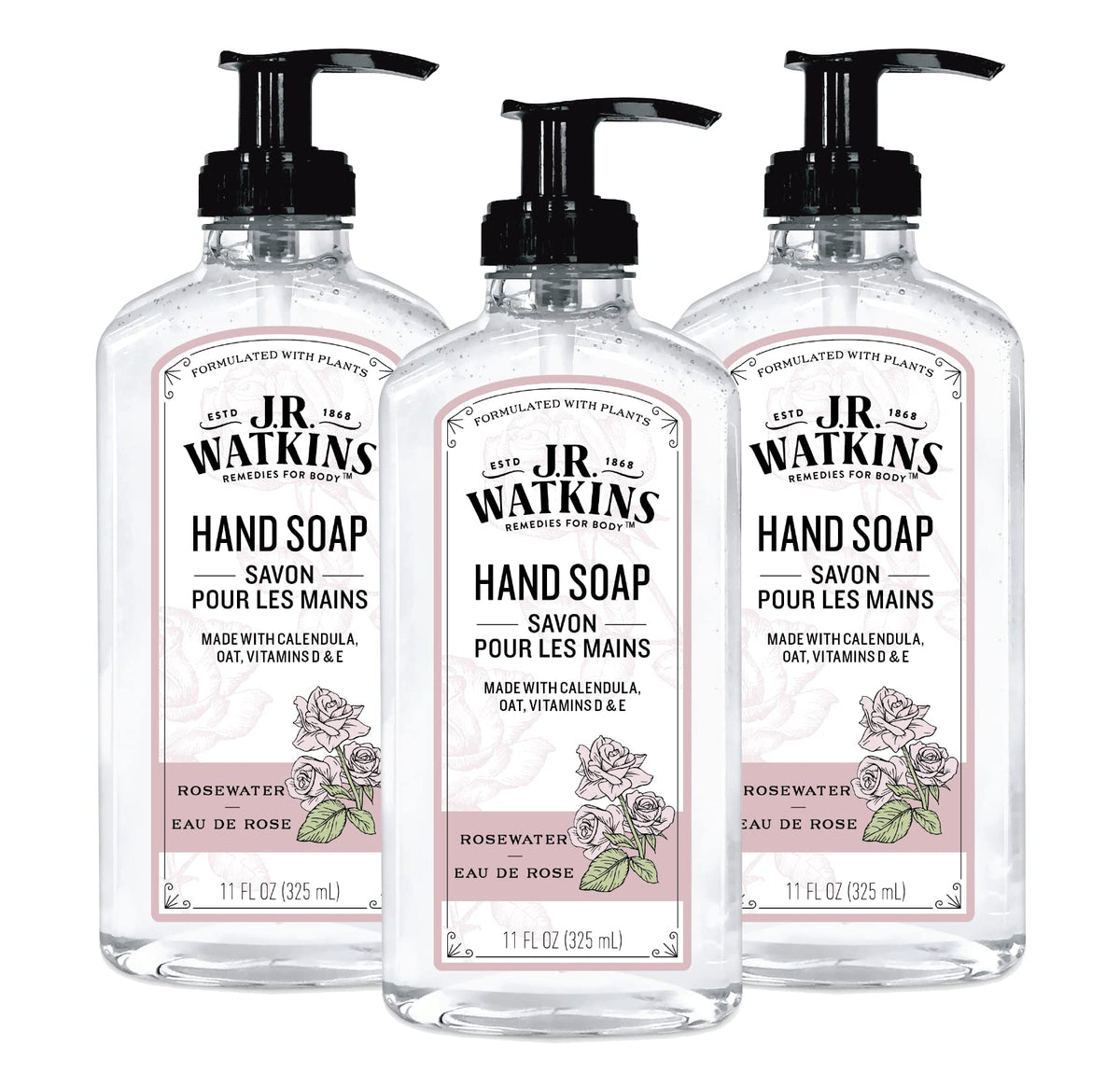 J.R. Watkins front packaging showing three rosewater gel bottles for generous supply