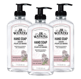 J.R. Watkins front packaging showing three rosewater gel bottles for generous supply
