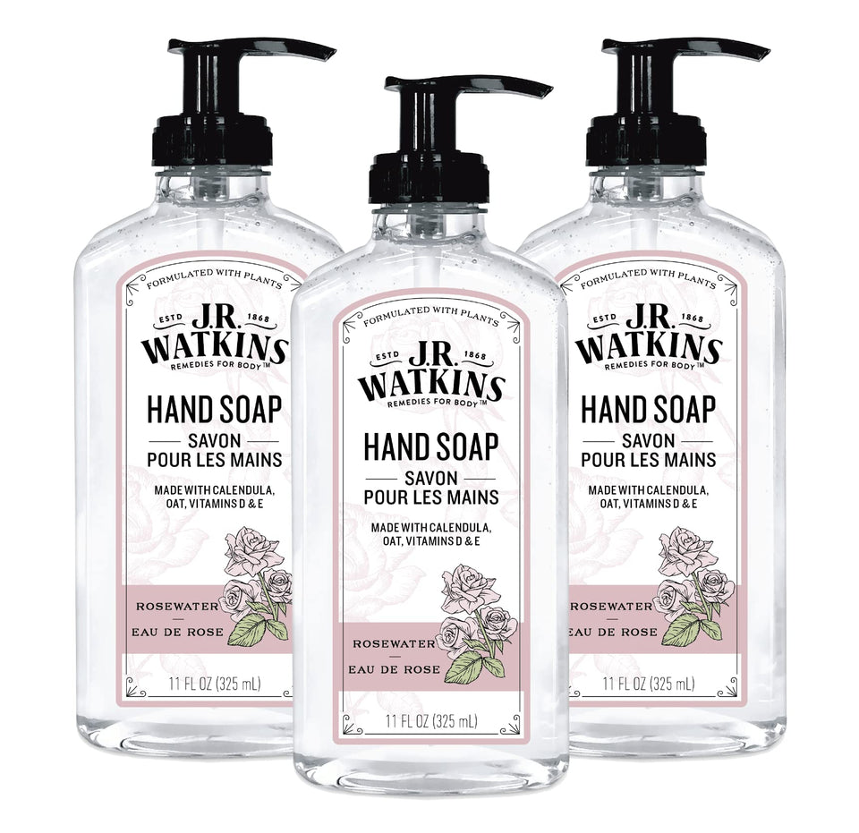 J.R. Watkins front packaging showing three rosewater gel bottles for generous supply