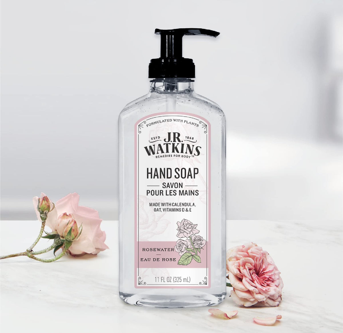 J.R. Watkins bottle next to kitchen sink showing convenient everyday use