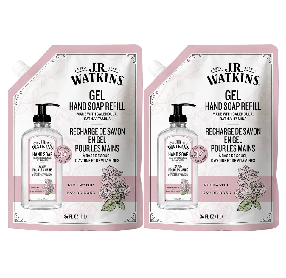 J.R. Watkins front packaging of rosewater refill pouch showing size and brand benefit