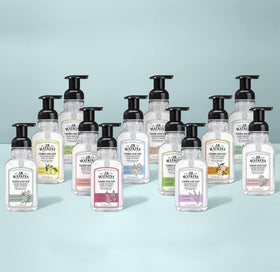 J.R. Watkins size comparison with hand showing 9 fl oz scale and travel-friendly benefit