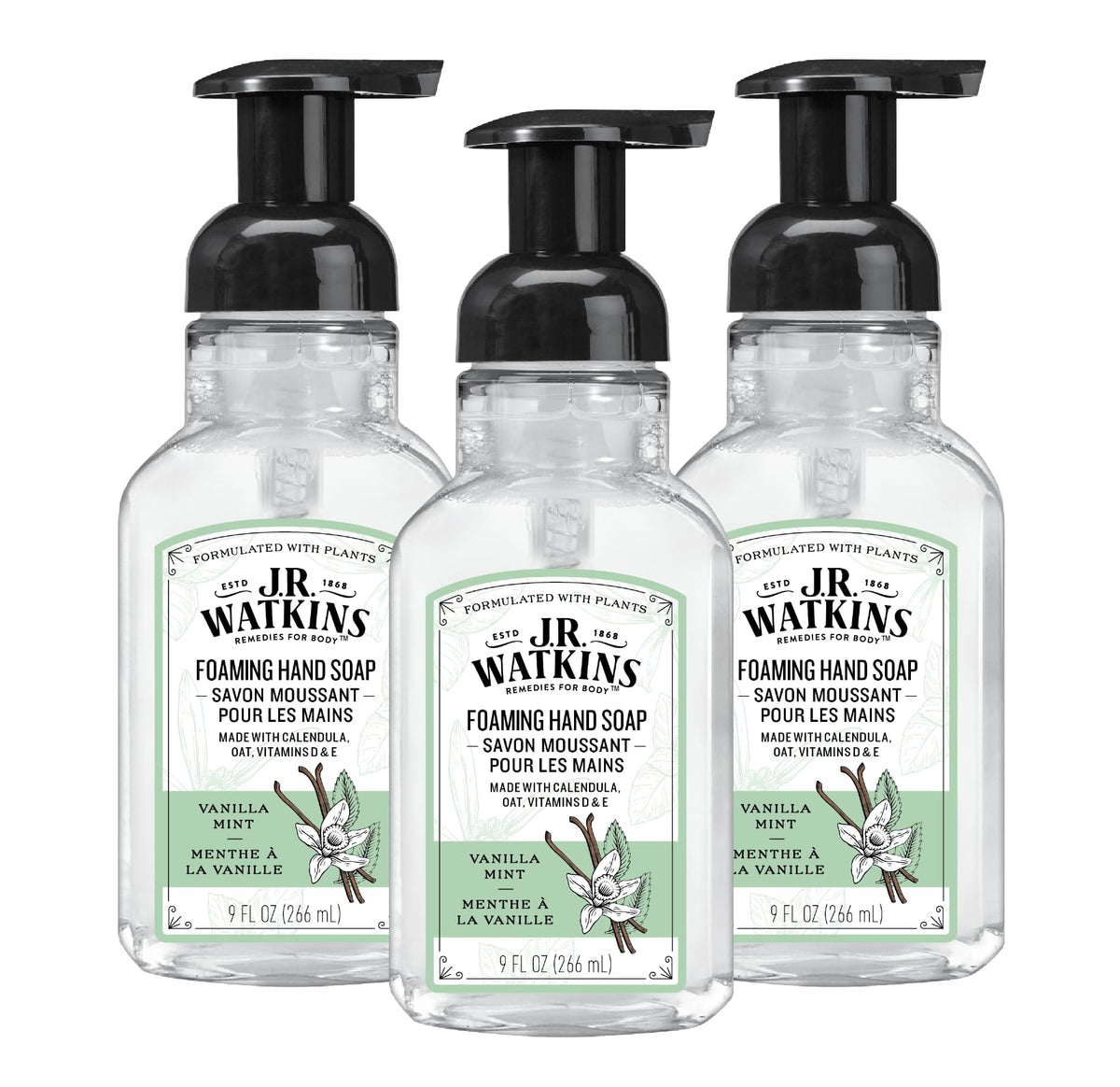J.R. Watkins front packaging of vanilla mint soap showing bottle and pump benefit gentle cleansing