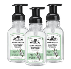 J.R. Watkins front packaging of vanilla mint soap showing bottle and pump benefit gentle cleansing