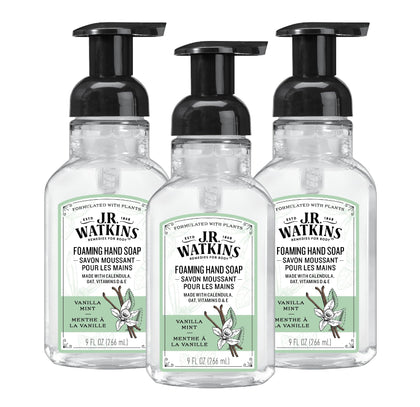 J.R. Watkins front packaging of vanilla mint soap showing bottle and pump benefit gentle cleansing