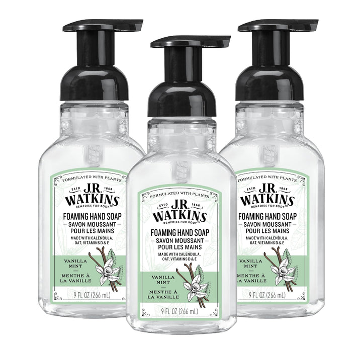J.R. Watkins front packaging of vanilla mint soap showing bottle and pump benefit gentle cleansing