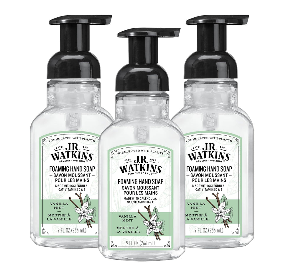 J.R. Watkins front packaging of vanilla mint soap showing bottle and pump benefit gentle cleansing