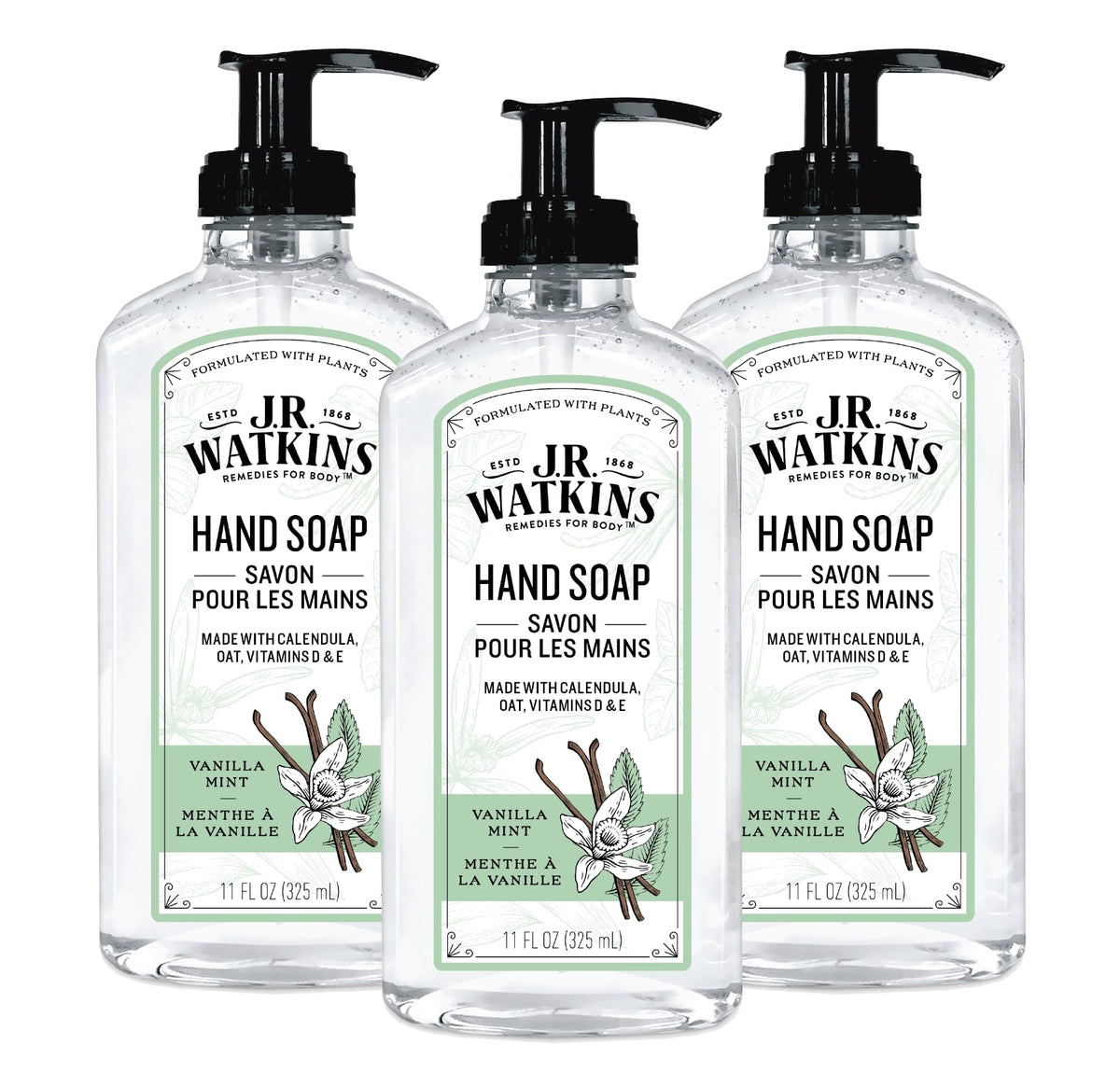 J.R. Watkins front packaging showing three vanilla mint bottles for convenience