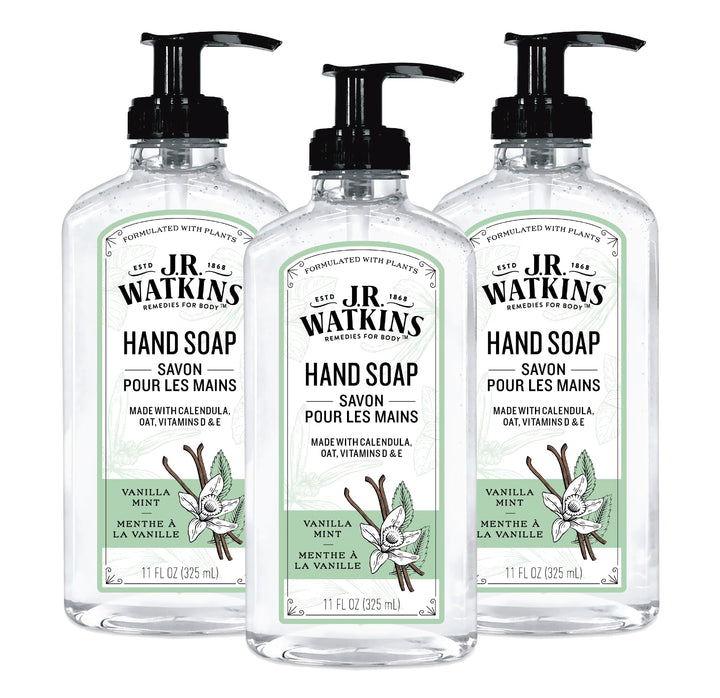 J.R. Watkins front packaging showing three vanilla mint bottles for convenience