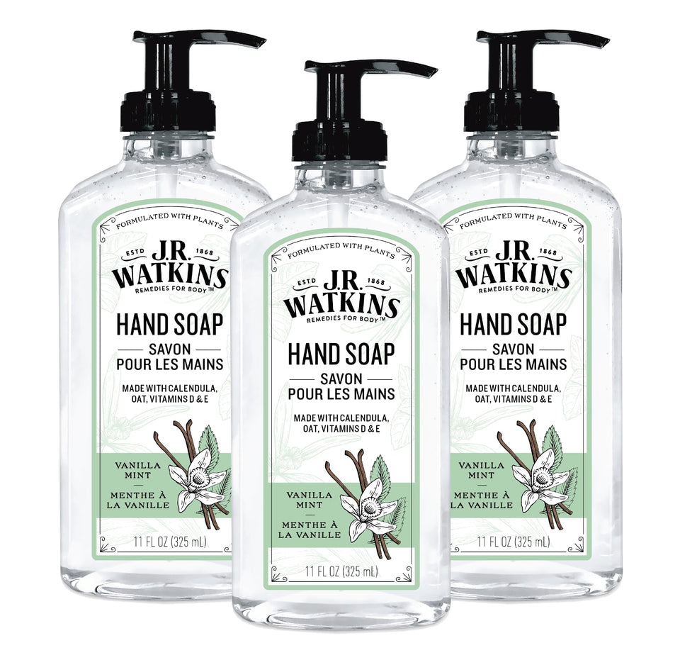 J.R. Watkins front packaging showing three vanilla mint bottles for convenience