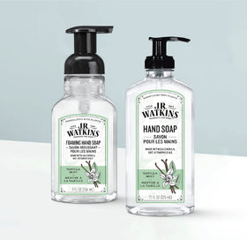 J.R. Watkins gel texture on palm showing gentle lather and soft rinse