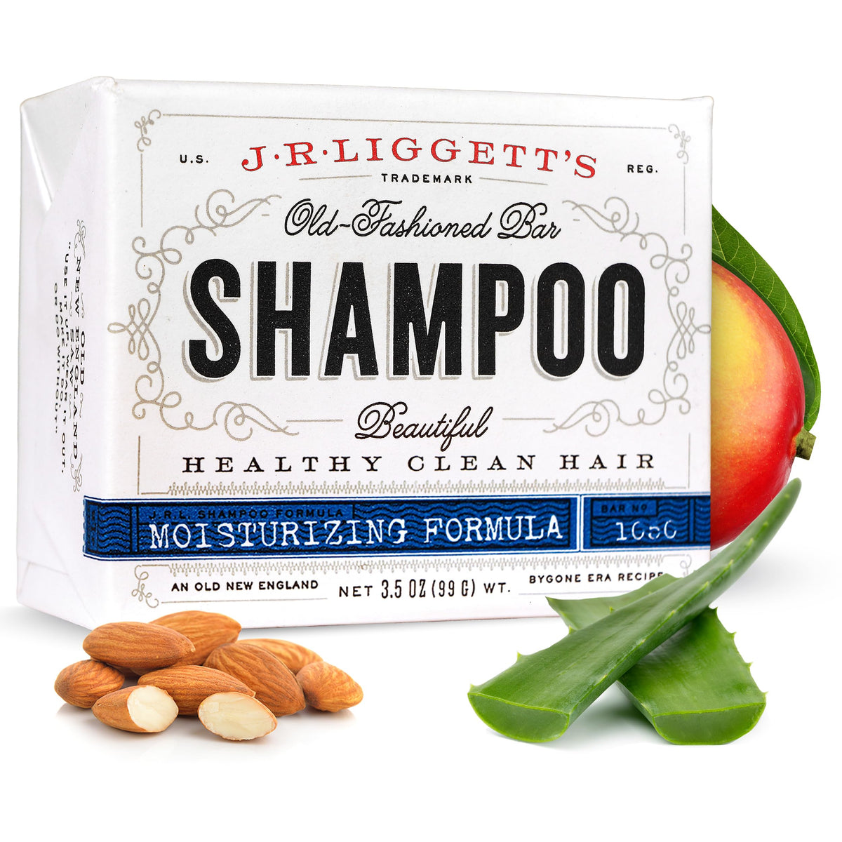 J·R·LIGGETT'S front view of shampoo bar showing compact, travel-friendly shape and nourishing formula