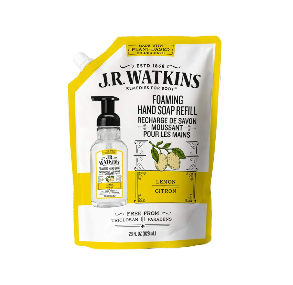 Zeronic J.R. Watkins lemon refill front packaging showing 28 oz bottle and label, clean scent benefit