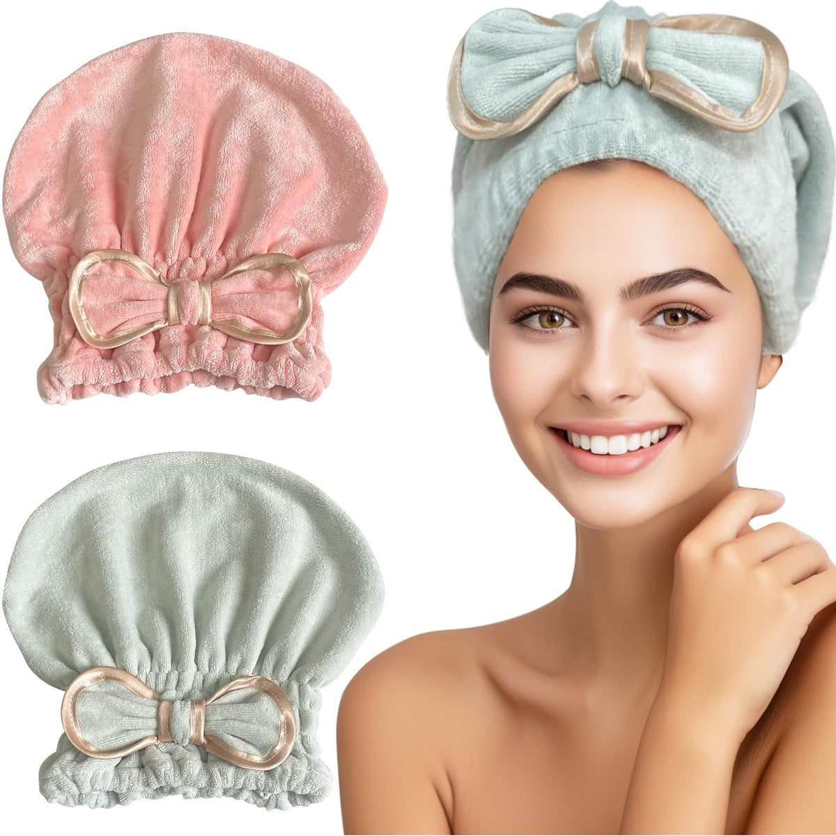 Jseng front view of bowtie towel cap showing stylish fit and comfort
