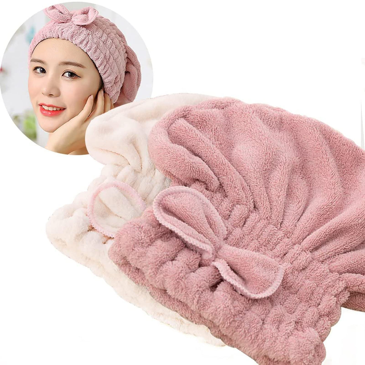Jseng front view of two microfiber drying caps showing plush look and convenience