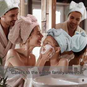 Jseng model wearing towel cap in bathroom demonstrating secure hands-free fit