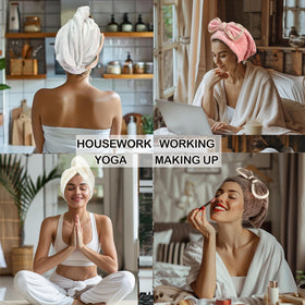 Jseng woman wearing towel cap during skincare routine showing secure hold