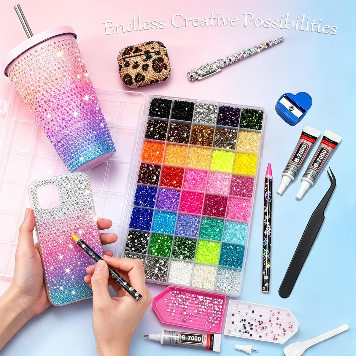 Jsqianfei close-up color swatch of 40 vibrant rhinestone shades for creative variety