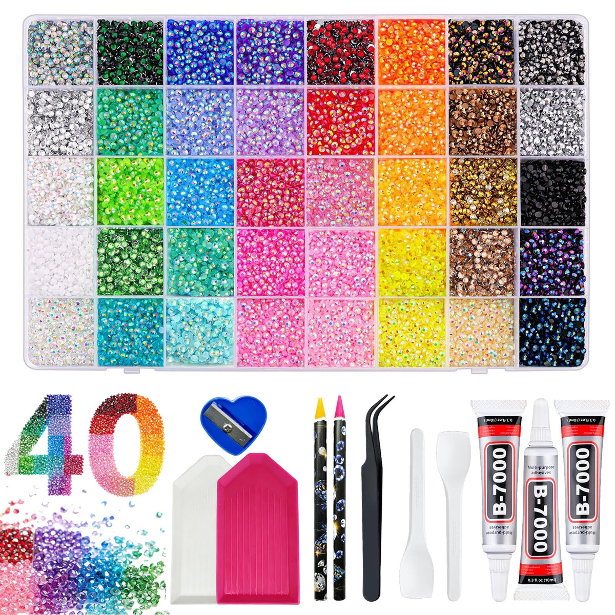 Jsqianfei front packaging showing full rhinestone kit and included tools for easy starting