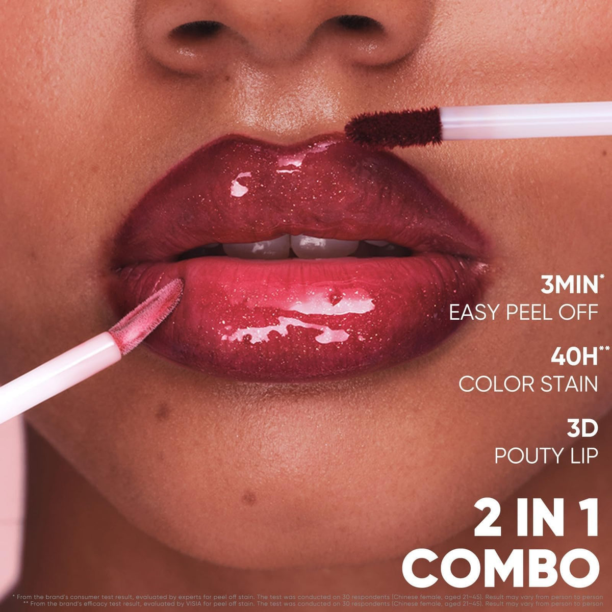 JUDYDOLL before and after lips showing stain plus gloss for fuller-looking lips benefit
