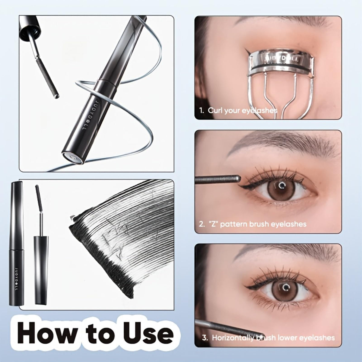 JUDYDOLL applying mascara to lashes showing lift and curl benefit