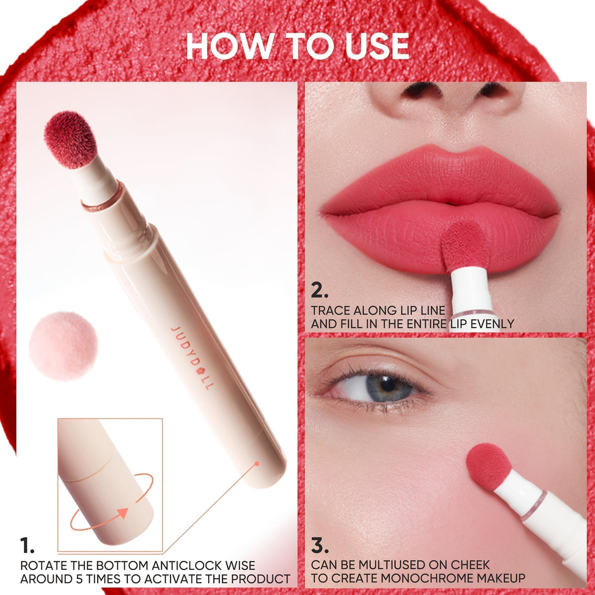 JUDYDOLL applied on lips in evening setting showing long-wear benefit