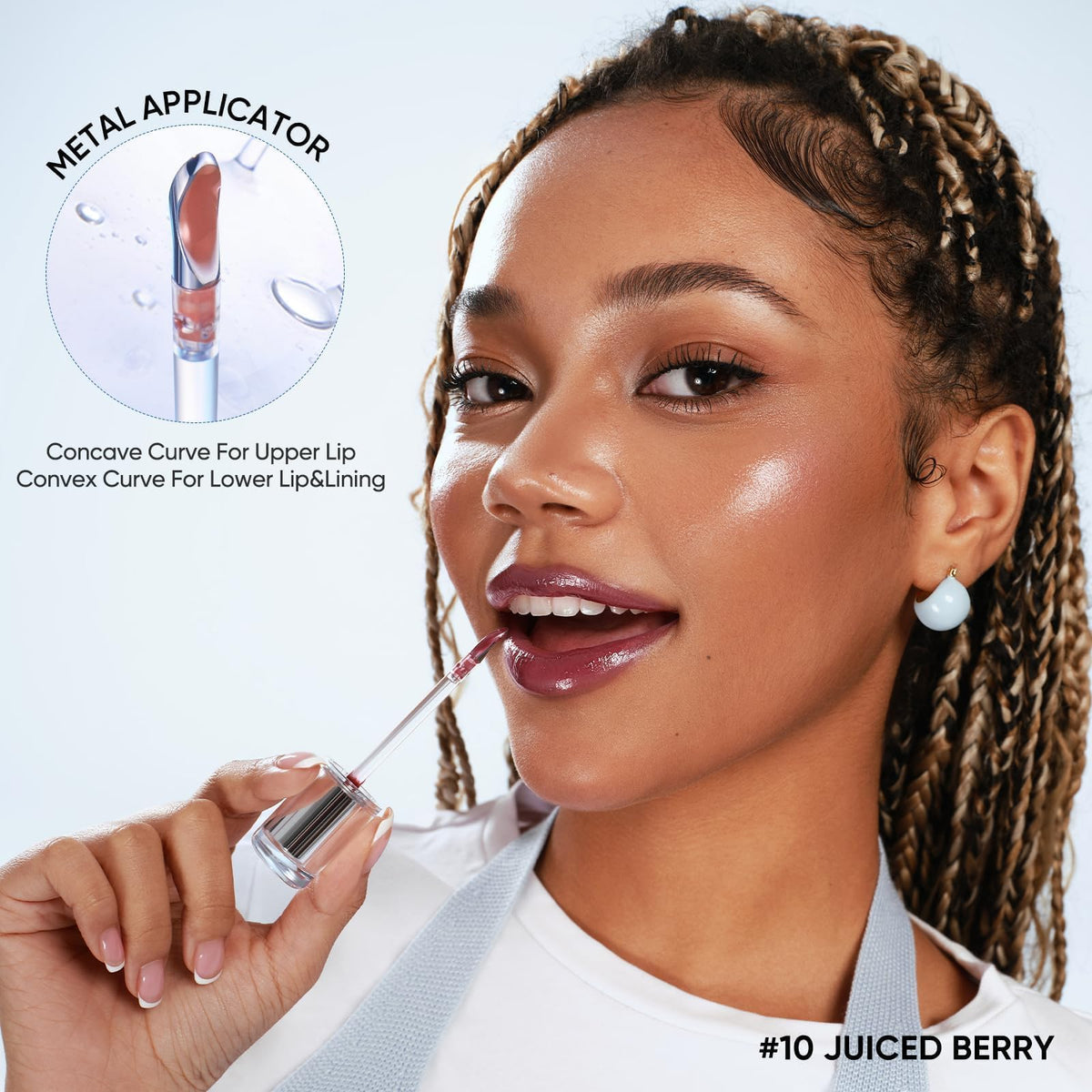JUDYDOLL lip gloss worn on model illustrating mirror shine and color