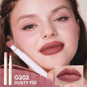 JUDYDOLL lip swatch on fair skin showing true dusty fig payoff