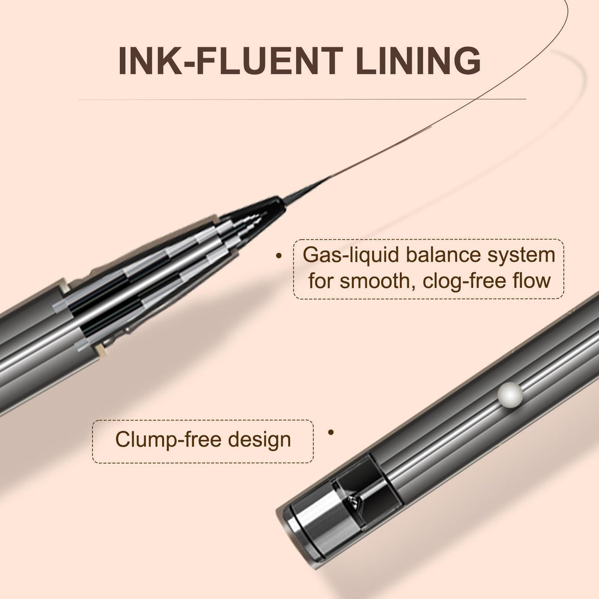 JUDYDOLL eyeliner beside a makeup brush illustrating compact size