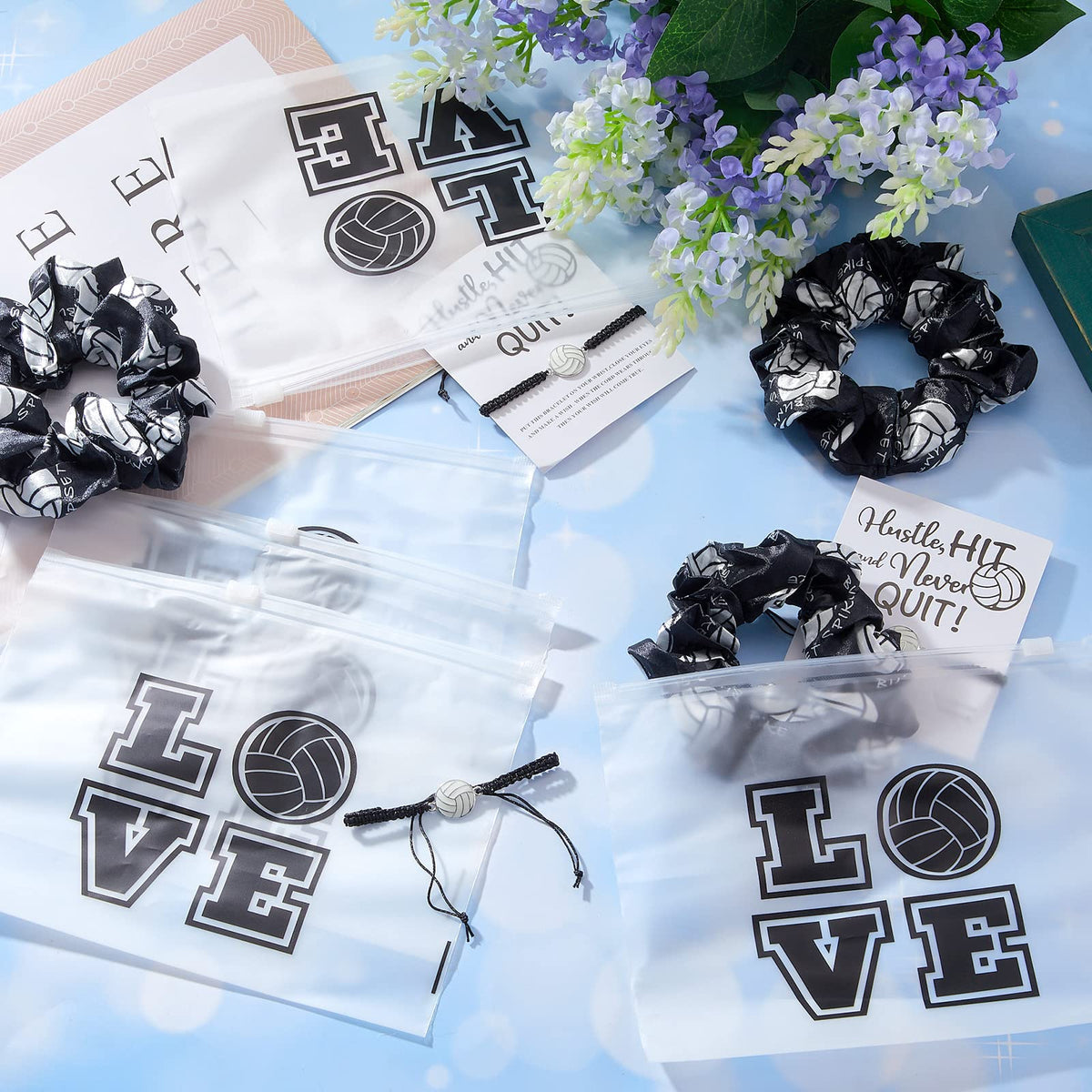 Juexica team giveaway spread on bench showing coordinated black and white favors