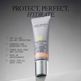 Juice Beauty cream dispensed on hand demonstrating coverage and blendable finish
