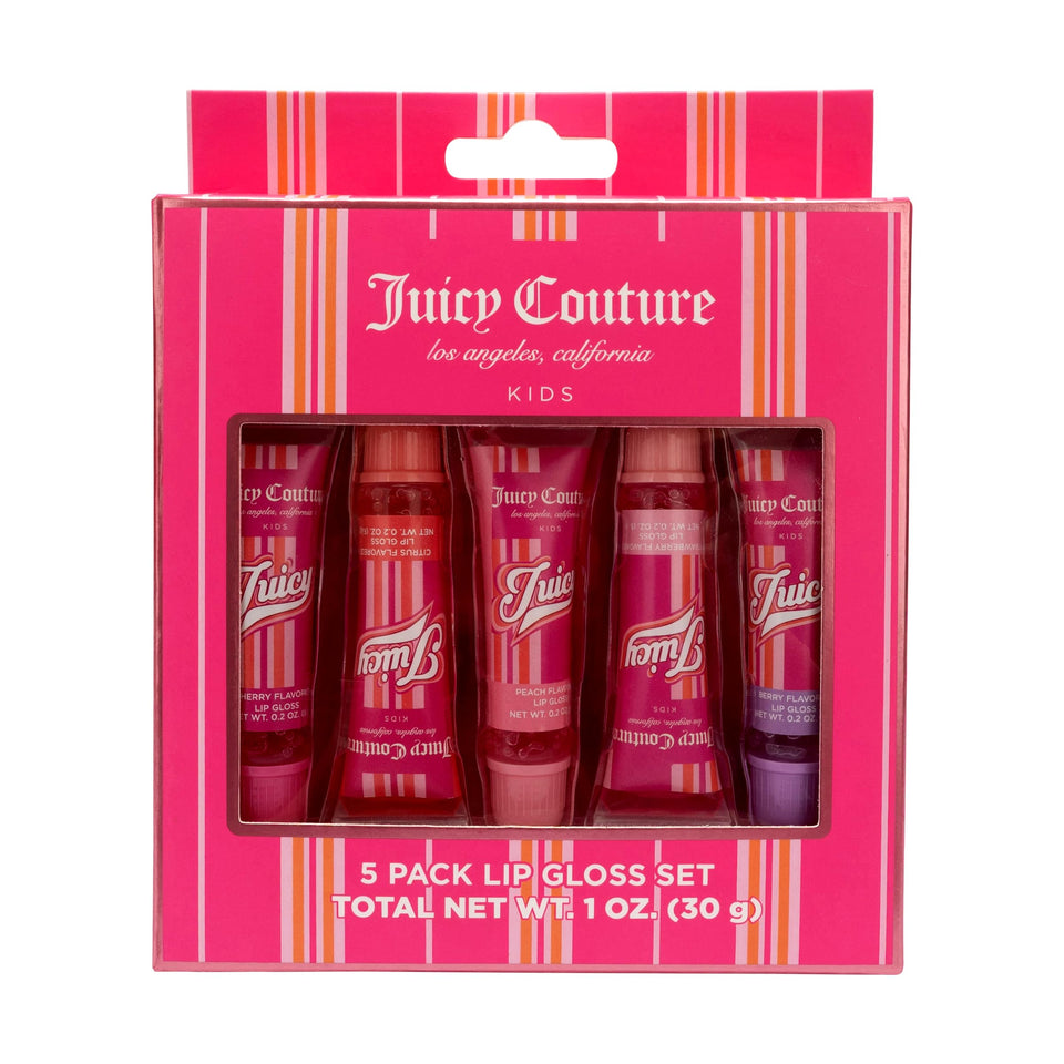 Juicy Couture front packaging showing five glosses and pink box, perfect gift