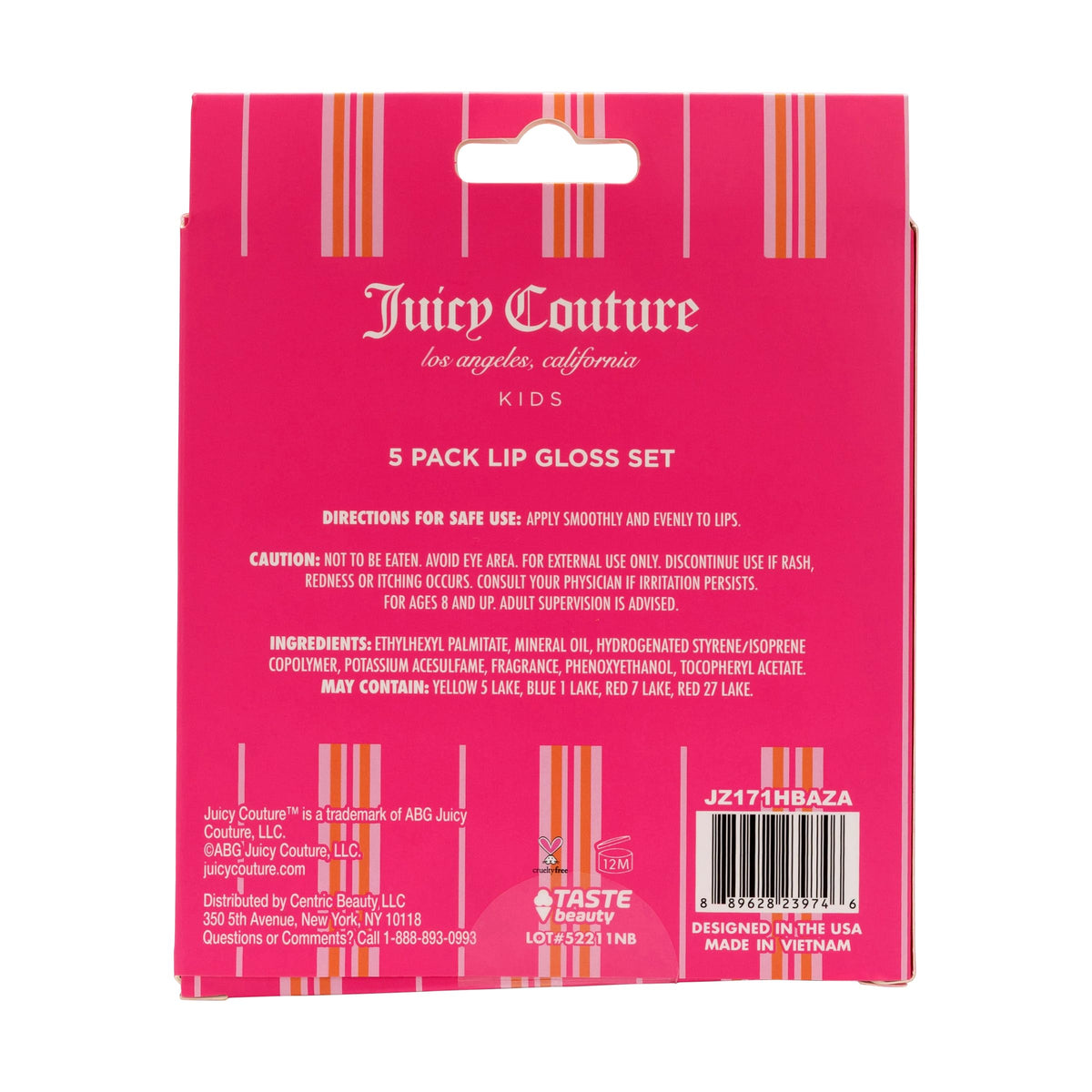 Juicy Couture closeup of five gloss shades displaying color variety and shine