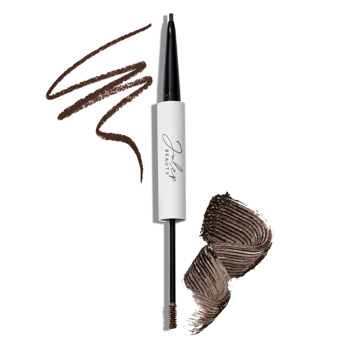 Julep dual-ended brow tool front view showing compact design and dark brown shade benefit