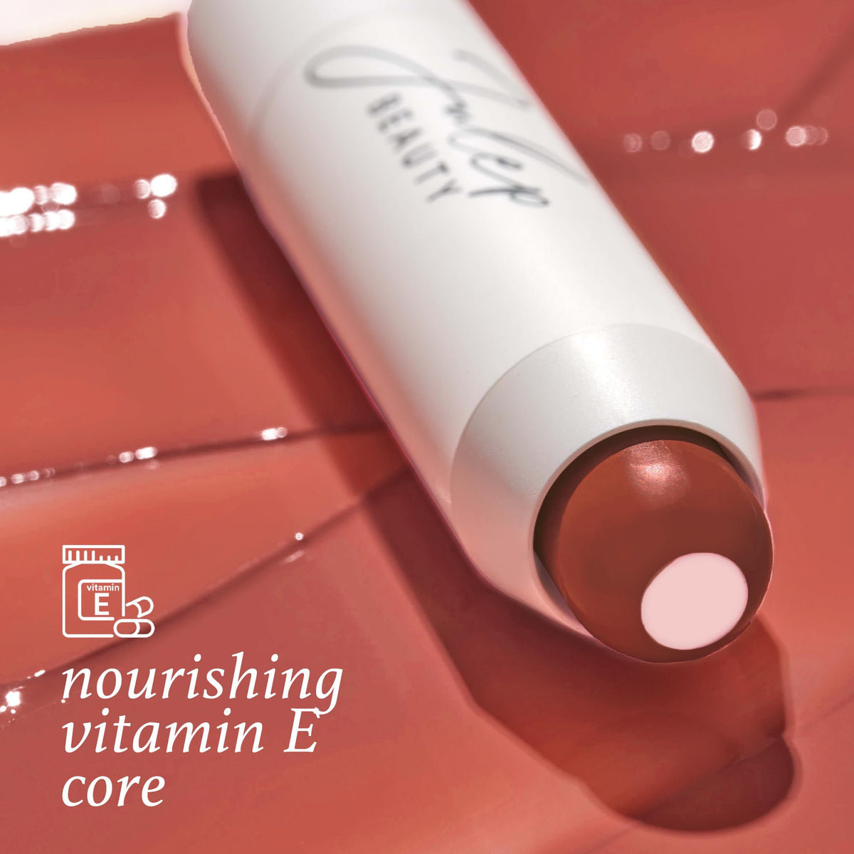 Julep application on lips showing Burnt Sienna color and buildable coverage benefit