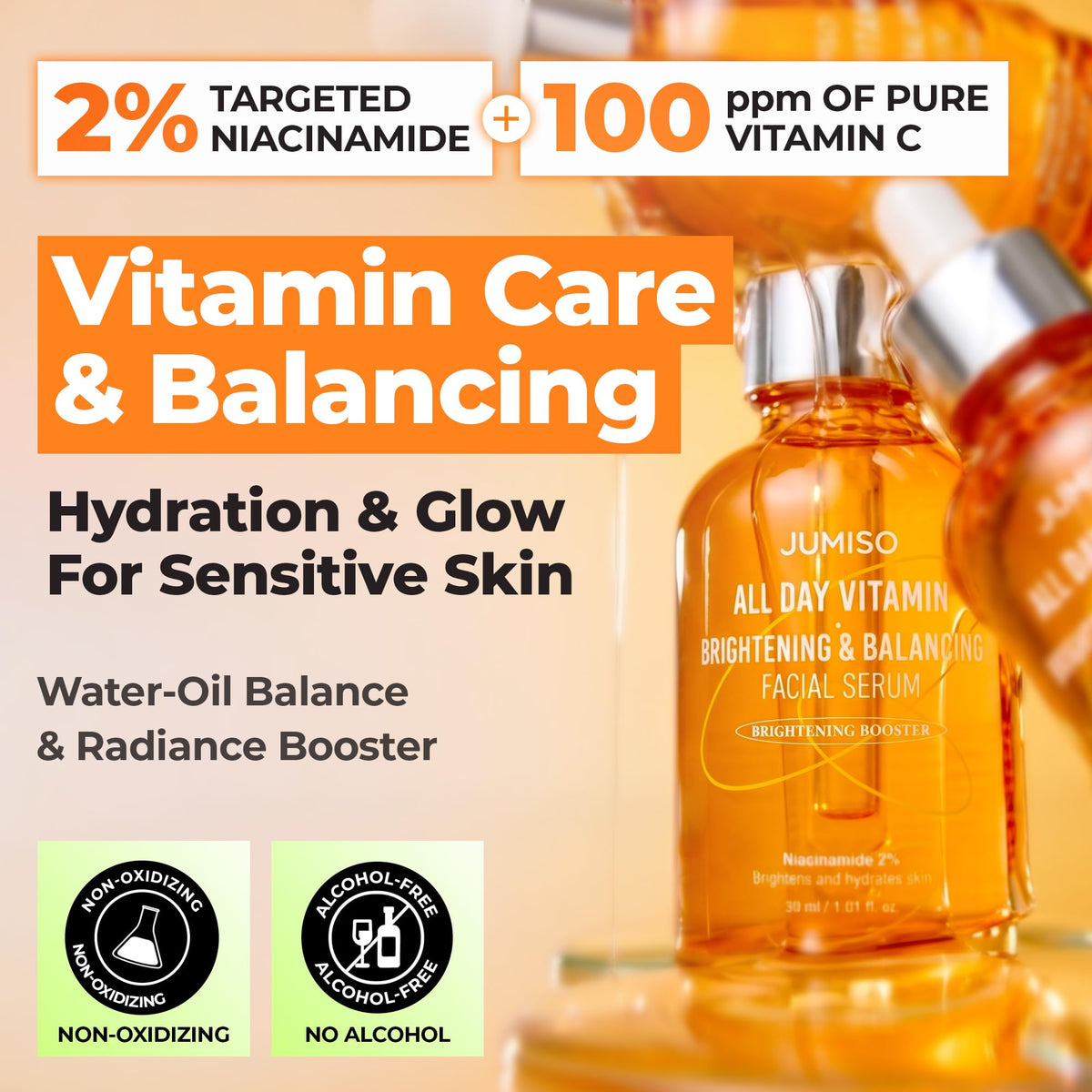 JUMISO dropper close-up releasing clear serum, precise application benefit