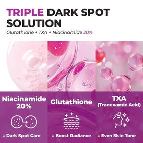 JUMISO ingredient label highlighting 20% niacinamide, TXA and glutathione benefits