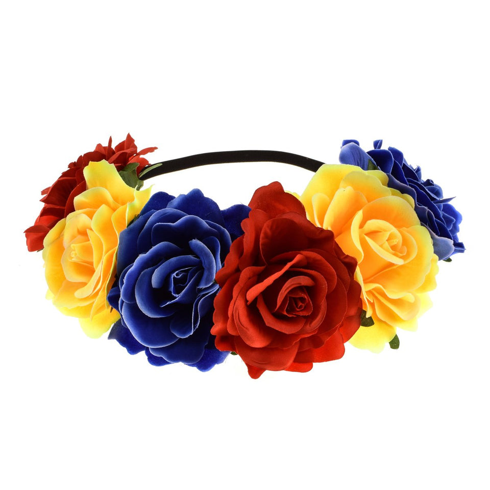 June Bloomy front view floral crown showcasing red yellow blue blooms and wearable design